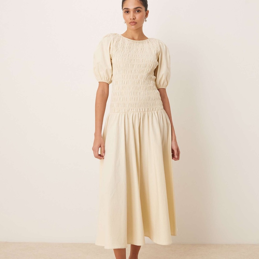 ASOS DESIGN shirred drop waist maxi dress in ecru